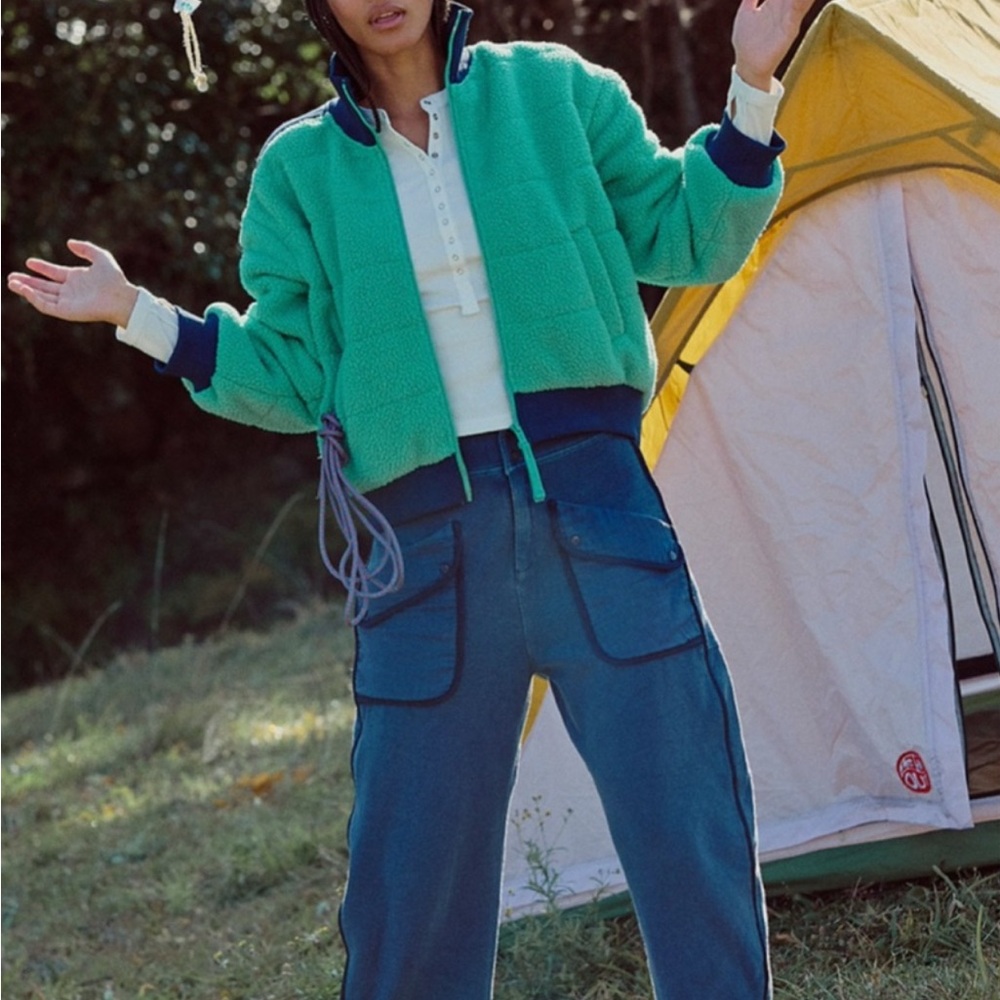 Free People Women's Green Fleece Jacket with Blue Accents Small - Picture 7 of 7